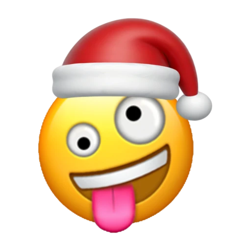 Zany emoji face wearing a red Santa hat on a transparent background.