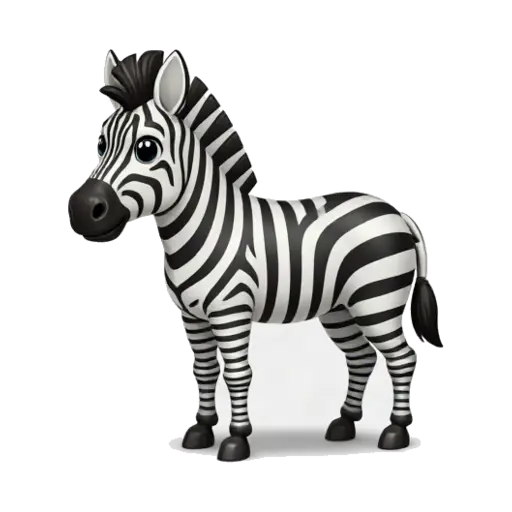 One zebra standing in three-quarter view with crisp black-and-white stripes, upright mane, and four visible legs, no background.